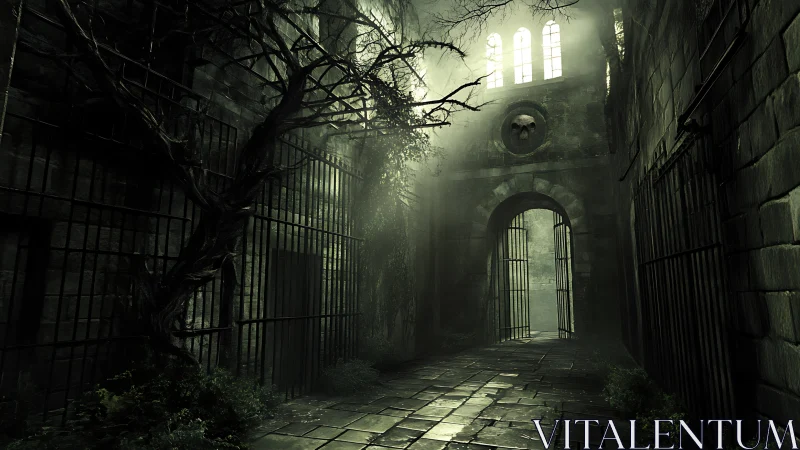 Abandoned stone corridor shows gated archway in misty light