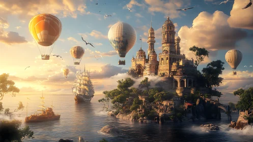 Fantasy aerial harbor with castellated island citadel at dusk.