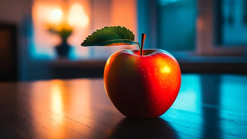 Red apple sits on reflective tabletop under mixed light