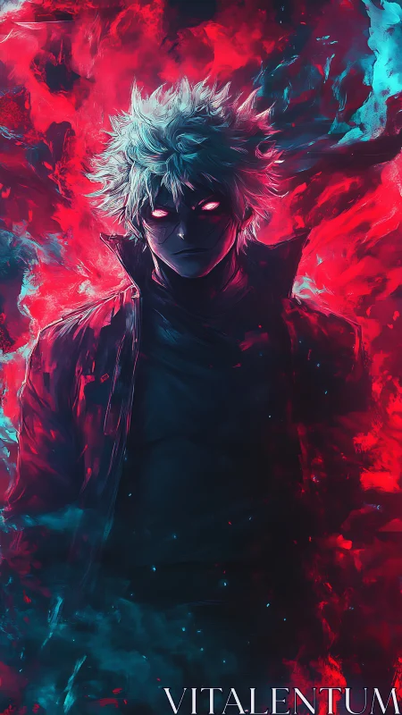 High-contrast anime figure emerges from bifurcated neon flames