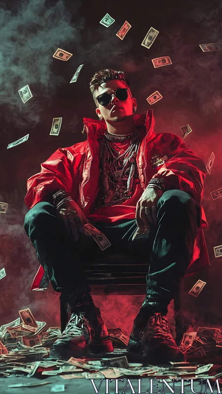 Red jacket kingpin in moody cash storm portrait.