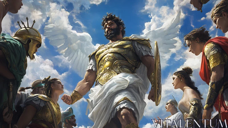 Winged armored leader encircled by classical soldiers, sky.