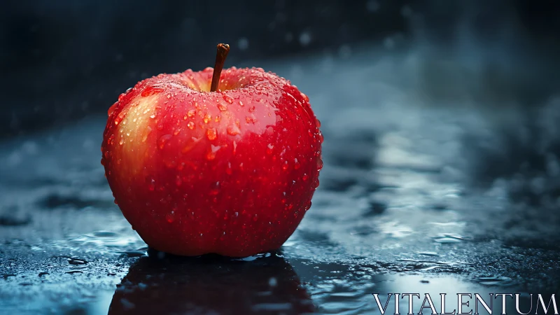Macro closeup of wet red apple on reflective dark surface