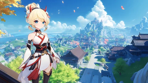 Cheerful anime traveler overlooking a sunlit cliff city.