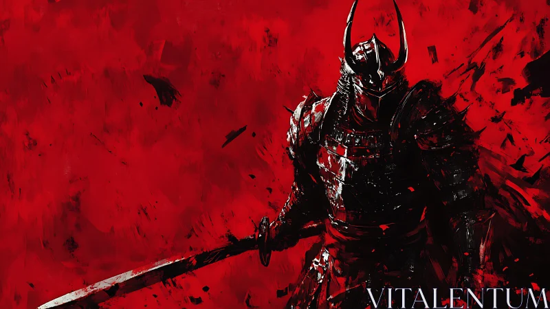 Armored samurai silhouette cuts through violent crimson storm.
