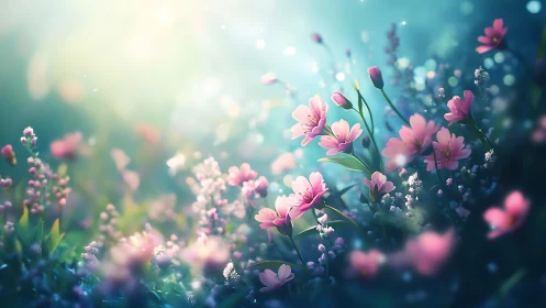 Shallow-depth pink garden blooms rendered with bokeh luminosity and chromatic gradation.