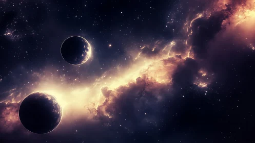 Twin shadowed planets orbit glowing galactic nebula stream