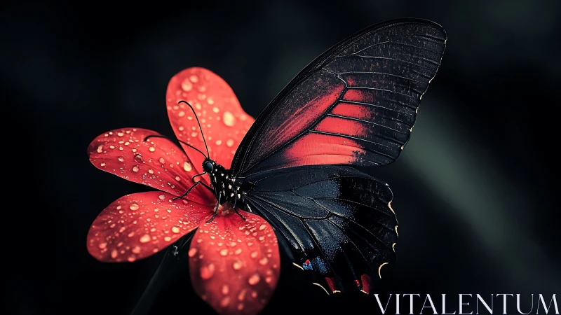 Black butterfly rests on red flower with dewdrops.