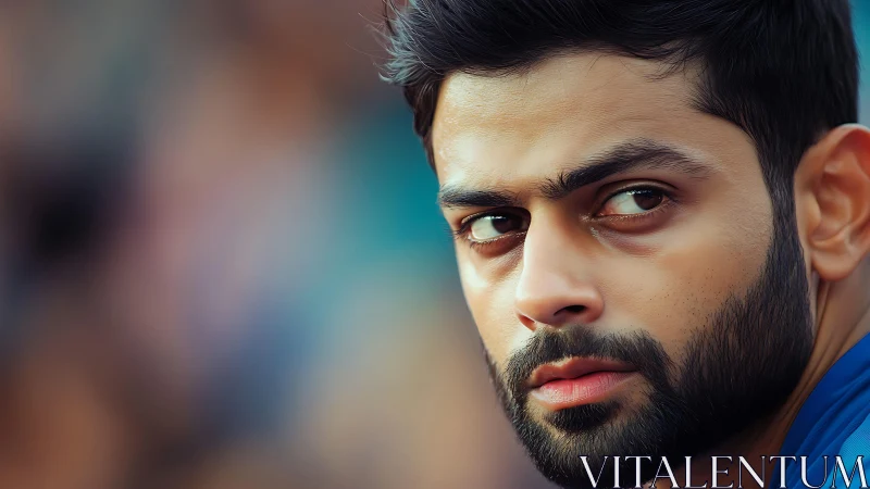 Intense bearded man in close-up portrait stares sideways.