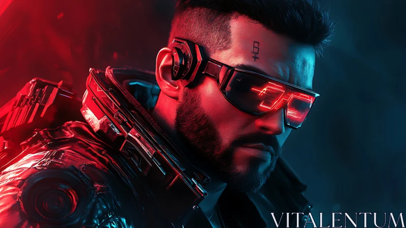 Cybernetic street mercenary in neon red-blue contrast portrait.