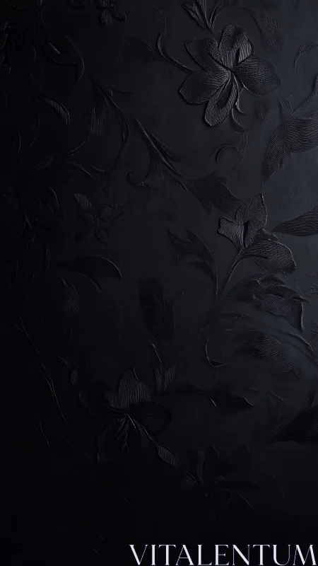 Monochrome embossed floral pattern on dark surface.