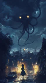 Stormlit girl confronts colossal tentacled sky shadow.