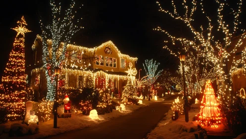 Suburban winter home glows under a jubilant galaxy of lights.