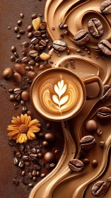 Latte art coffee swirls with rich beans and golden flower.