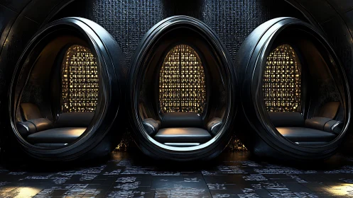 Futuristic pod seating units in a dark enclosed interior.