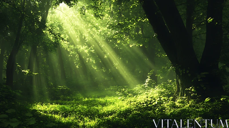 Sunlight Streams Through Lush Green Forest in Serene Morning Light.