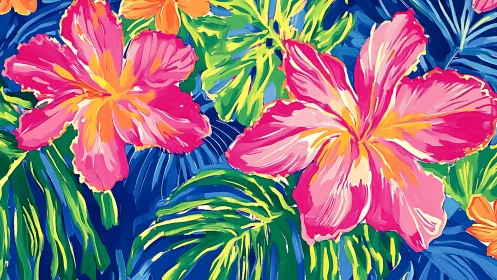 Pink tropical flowers on dense blue and green foliage.