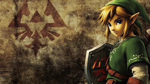 Green-clad fantasy swordsman guards sigil-stained wall vigilantly.