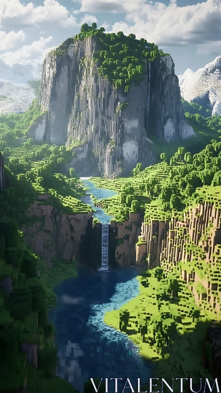 Voxel canyon waterfall with monolithic plateau and river basin