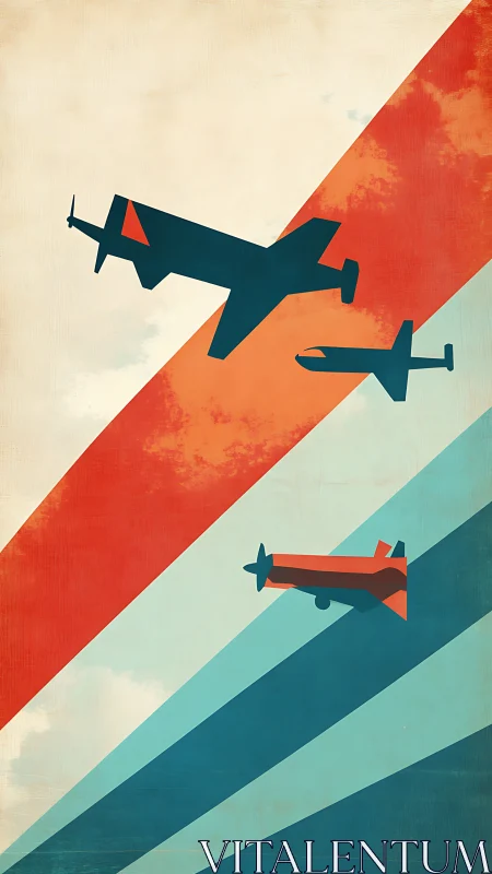 Vectorial aviation silhouettes on intersecting chromatic bands.