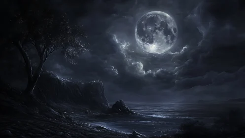 Full moon ignites a stormy, mystical shoreline night
