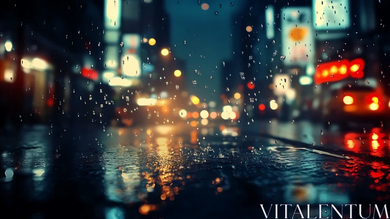 Rain soaked city street with neon bokeh lights at night.