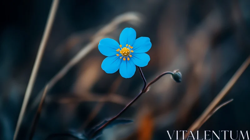 Solitary Blue Flower with Golden Center Against Soft Bokeh.