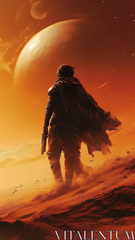 Lone armed wanderer crosses wind-sculpted dunes under massive planet