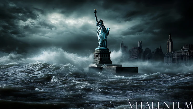 Photorealistic storm-surge vision of the Statue of Liberty drowned.