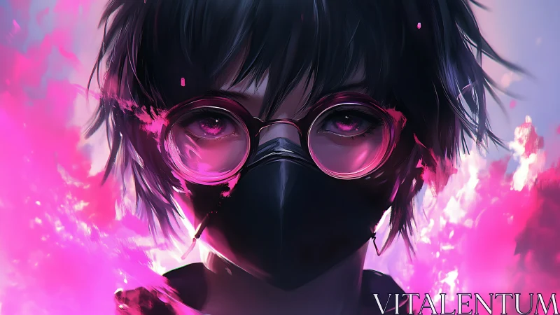Masked character with glowing pink eyes and glasses.