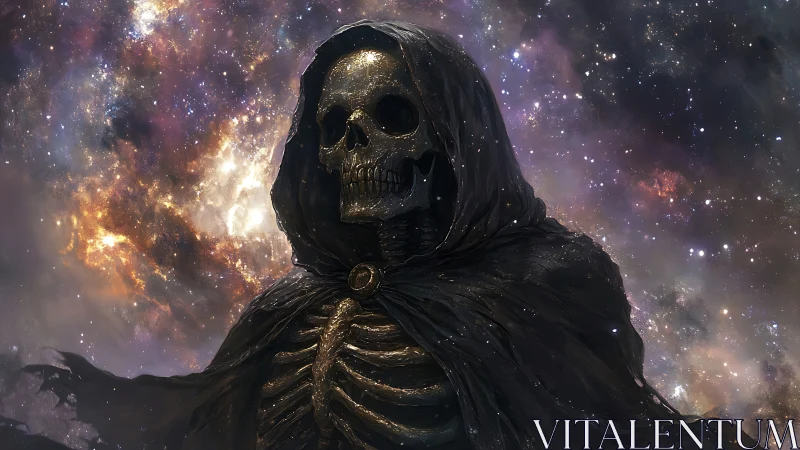 Celestial skeletal figure in tattered cloak emerges from nebula field