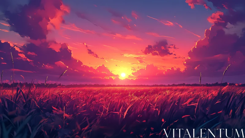 Sunset firestorm over whispering fields of painted wheat.