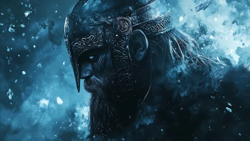 Viking warrior profile in icy blue digital battlefield.