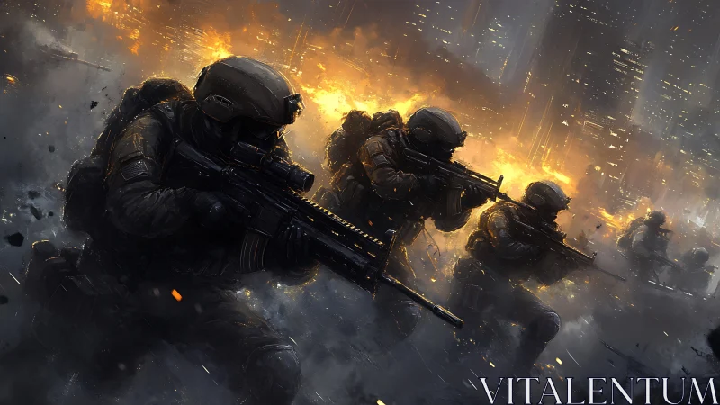 Digital painting of tactical squad advancing through firestorm.