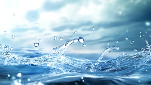 Crystalline water splash in motion under soft sky lighting.