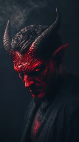 Demonic horned portrait in low key cinematic red lighting.