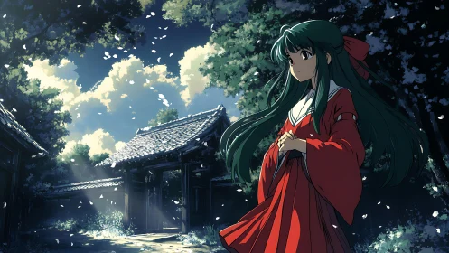 Shrine maiden pauses beneath drifting petals at dusk.
