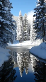 Snow laden pines reflect crisply on partially frozen river