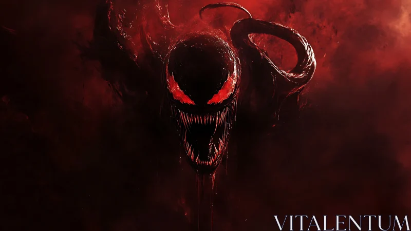 Sinister red symbiote head with glowing eyes and fangs.