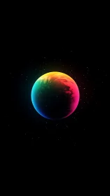 Neon gradient planet floating in deep black space background.