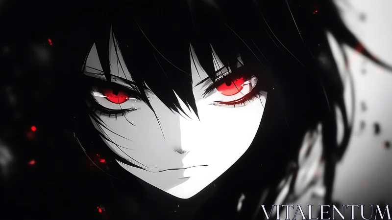 Crimson-eyed anime antihero in stark monochrome close-up.