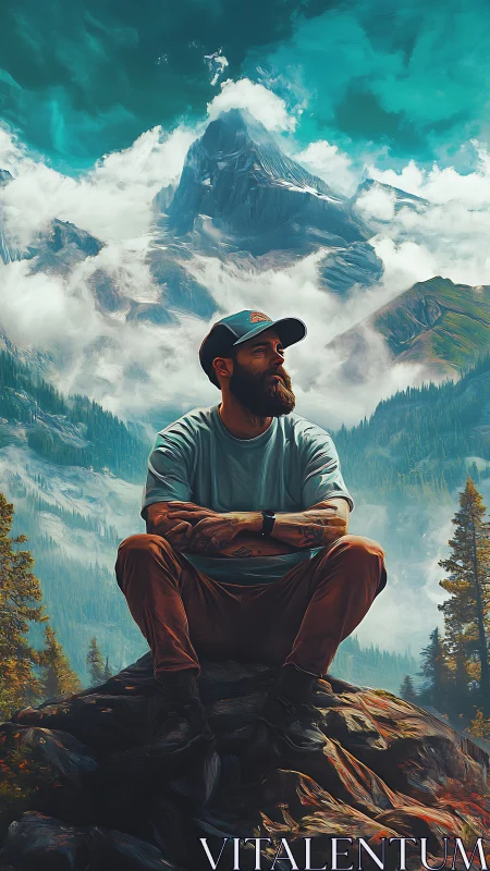 Calm bearded hiker resting beneath towering teal mountains.