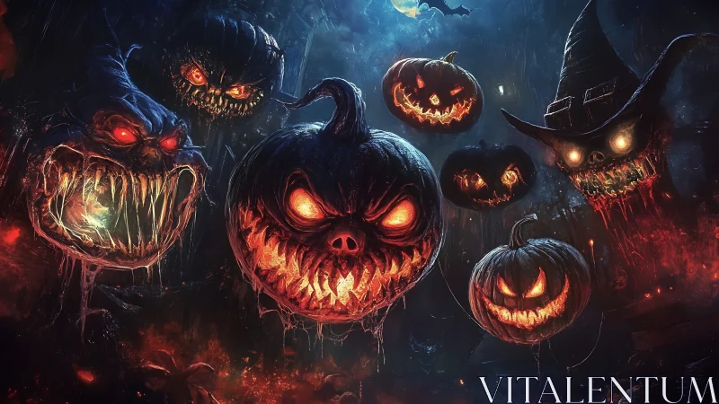 Sinister jack-o&rsquo;-lantern spirits blaze in a haunted night