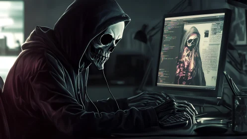 Hooded cyber reaper quietly rewrites fate in neon code