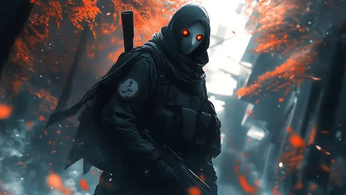 Hooded ghost soldier stands in burning neon autumn ruins