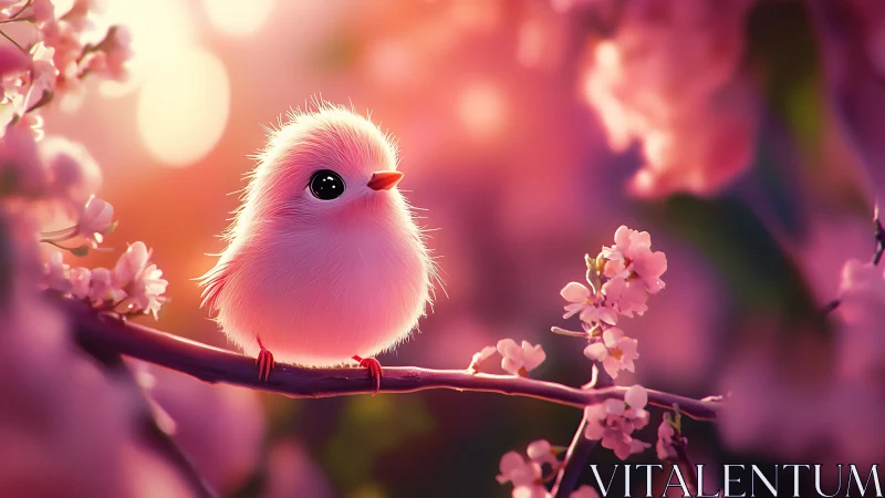 Pink Fluffy Bird Perched Among Blooming Cherry Blossoms