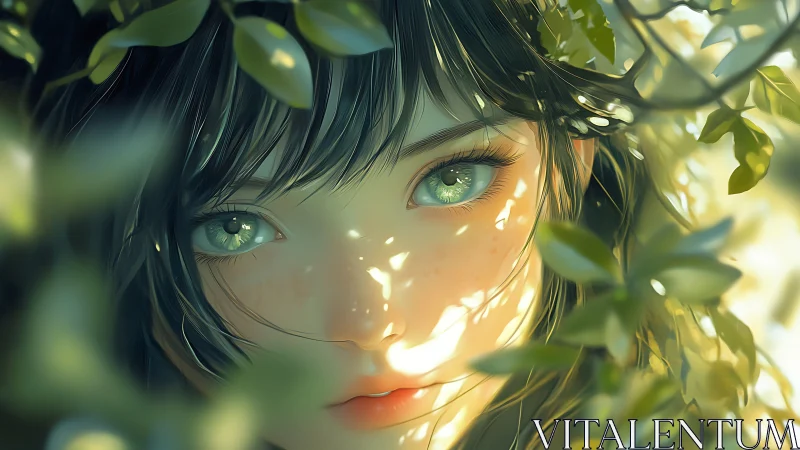 Forest-eyed dreamer bathed in dappled sunlight and leaves.