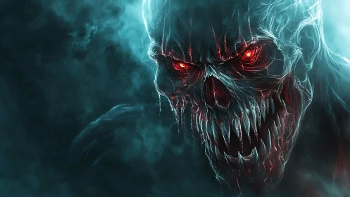 Frostbitten Hellfire Skull Growling Through Neon Fog.