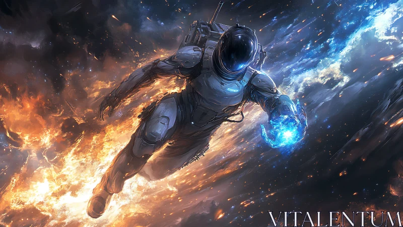 Armored astronaut propels through fiery and icy cosmic field