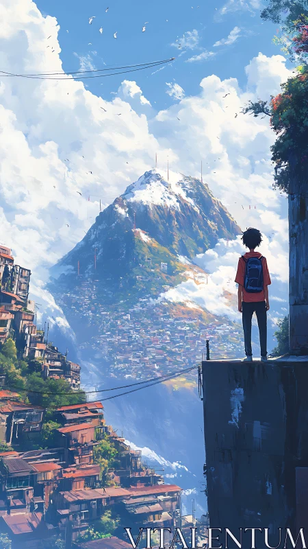 Young traveler gazes toward a bright, cloud-wrapped mountain.